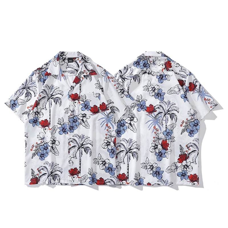 [TRAVEL ISSUANCE Series] ★Floral pattern shirt★ Aloha shirt Okinawa Hawaii tops Seaside short sleeve shirt Unisex Men's White Blue Red