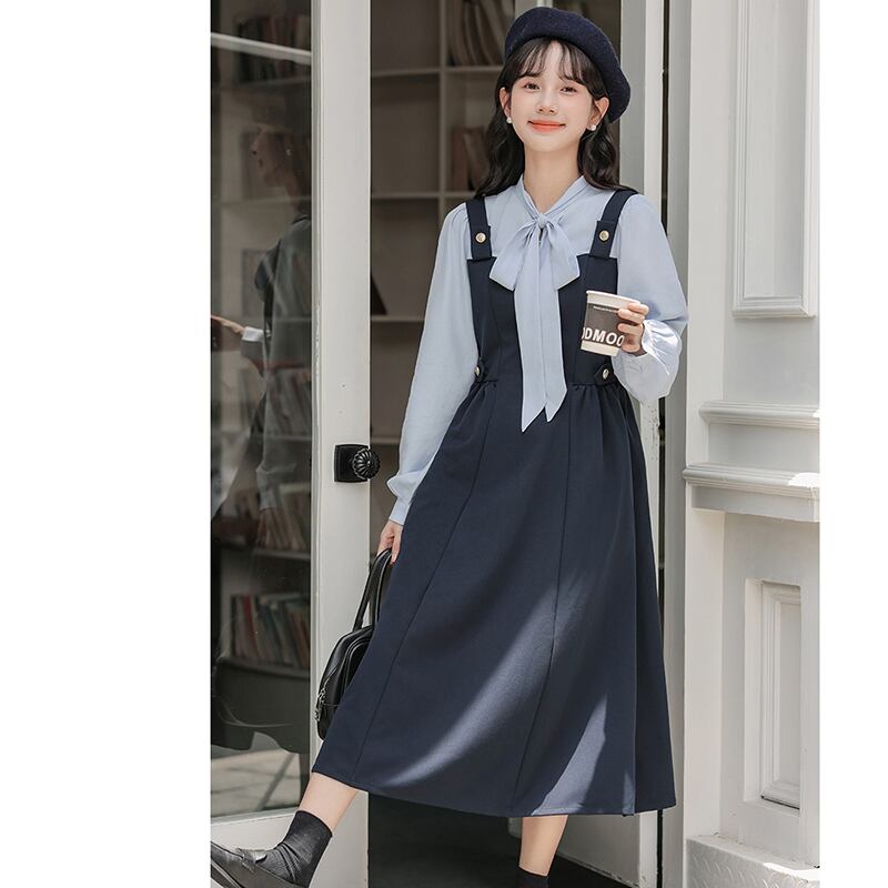 [MEIYI Series] ★One Piece★ Long Length Faux Layered Ribbon Women's Commuting Date Navy Blue