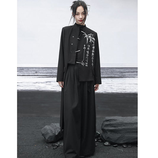 [Big Blue Dragon Series] ★China style outerwear★ Long length Kanji pattern embroidery irregular bamboo black black original