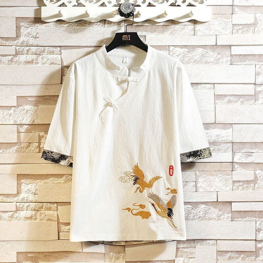 [Hanfan Series] ★China style tops★ 3 color T-shirt Crane pattern 3/4 sleeves Black White Gray Large size