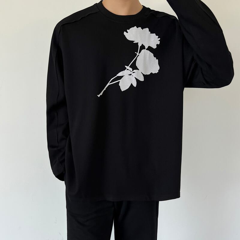 [Illustrated series] ★T-shirt★ 2color tops long sleeve T-shirt unisex men's simple floral pattern black white