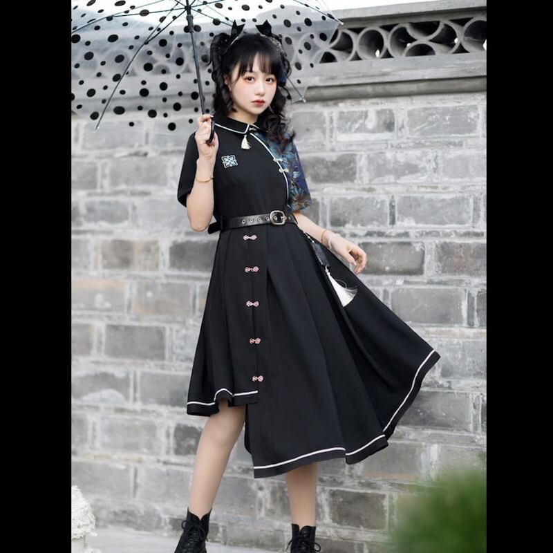 [Dust Smoke Cloud Dream --- Nightless Castle Series] ★China style dress★ Switching floral pattern black black irregular short sleeve SML original