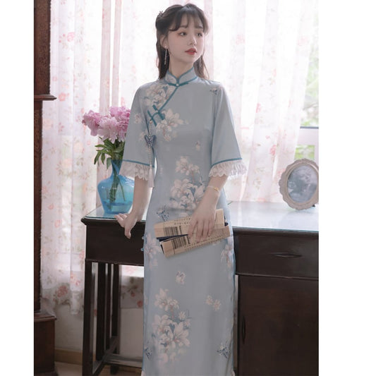 [Dust Smoke Cloud Dream --- Unlan Jade Nishiki Series]★China-style dress★Cheongsam dress, Chinese clothes, short sleeves, long length, butterfly ornament included