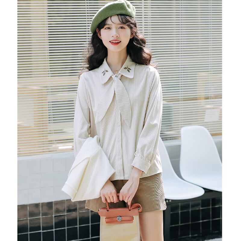 [Love Series] ★Shirt★ 2color Tops Long Sleeve Shirt Cute Embroidery Spring/Autumn Clothes Easy to Match Commuting/Dating