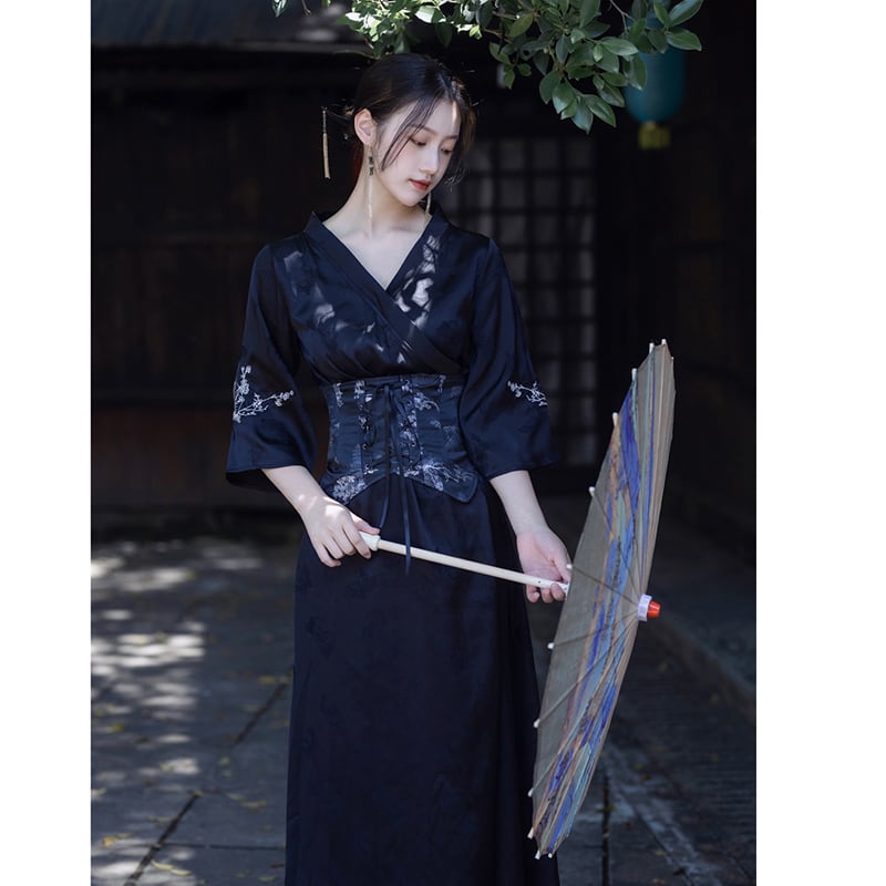 [Az Suna Series] ★Chinese style dress + obi★ Hanfu dress V neck S M L XL date girls' night out black black