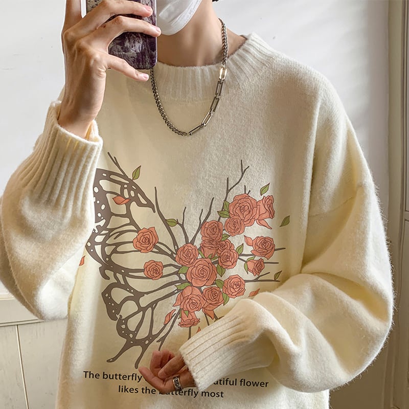 [Emperor series] ★Tops★ 4-color sweater, floral pattern, unisex, men's, large size, white, black, gray, coffee color