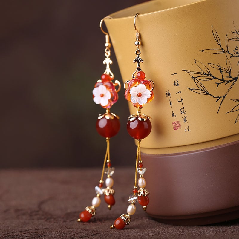 [Smoke Rain Gangnam Series] ★China style earrings★ Pair earrings or earrings accessories floral pattern red red fringe