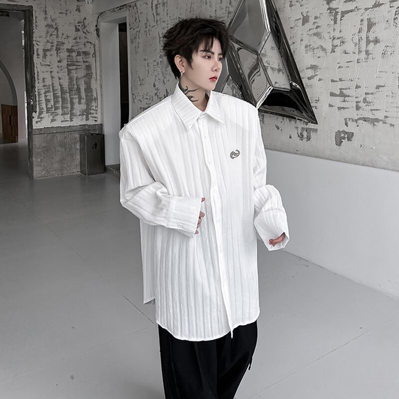 [Illustrated Series]★Shirt★ Tops 2color Unisex Men's Vertical Stripes Loose Black White Fashion Spring Clothes