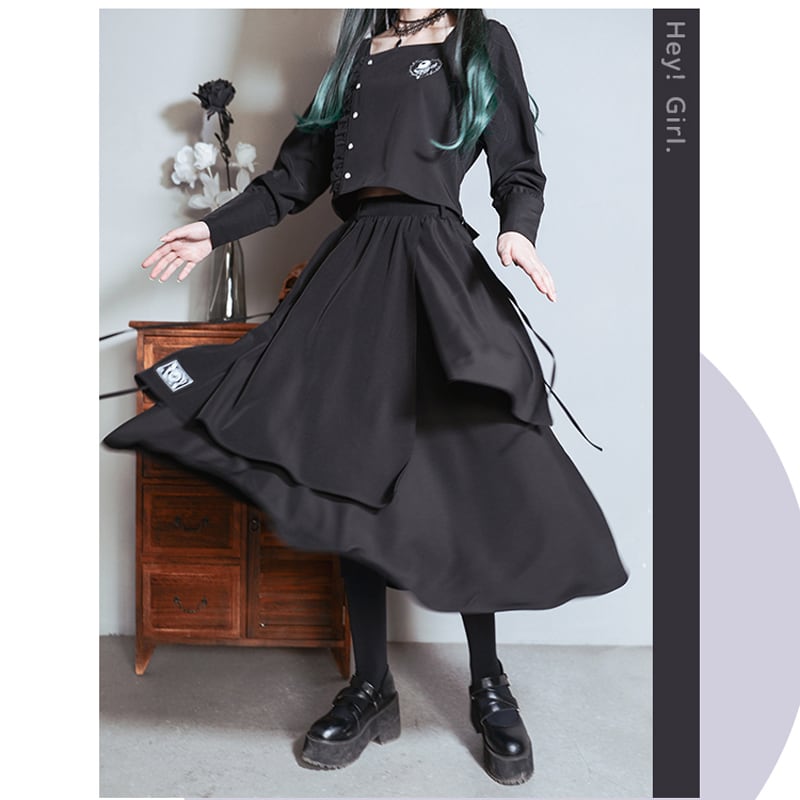 [Kokaisha---Eyeball Rose Series] ★Chinese style skirt★ Bottoms Chinese clothing S M L XL Easy to match Black Black Irregular