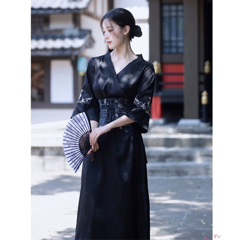 [Az Suna Series] ★Chinese style dress + obi★ Hanfu dress V neck S M L XL date girls' night out black black