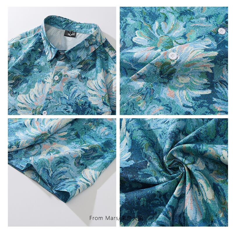 [MOISHE TIDE Series]★Shirt★ Print Oil Painting Style Summer Unisex Floral Pattern Blue Blue ML XL 2XL Easy to match