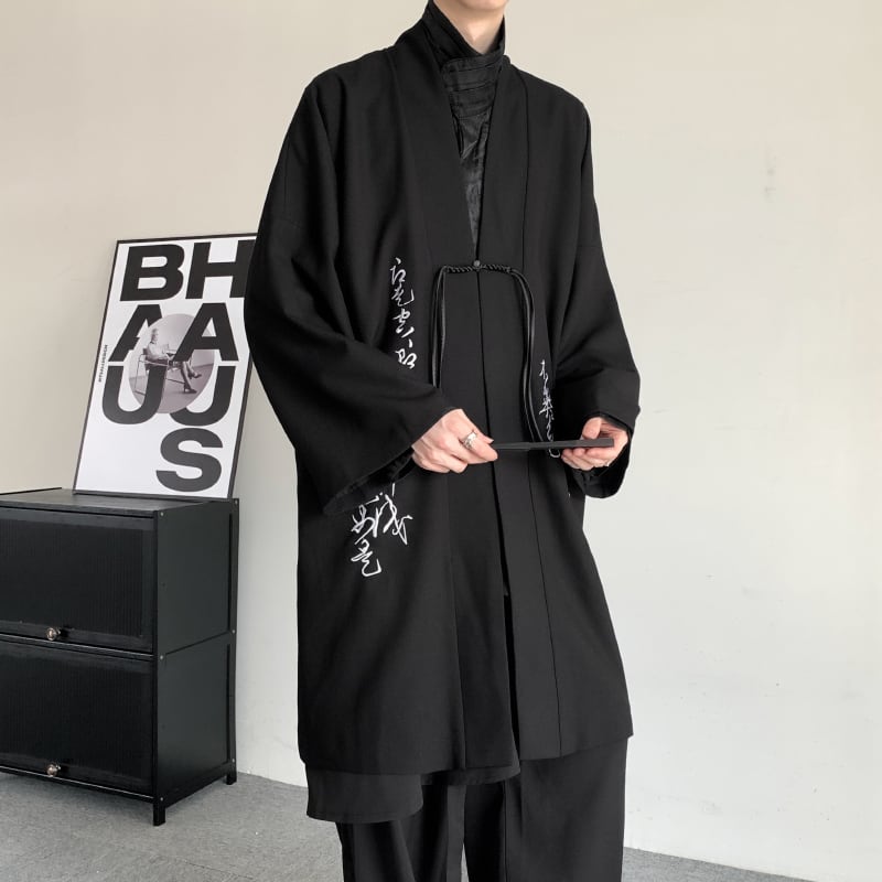 [Illustrated series] ★China style coat★ Long coat, unisex, kanji pattern, men's, large size, black, black