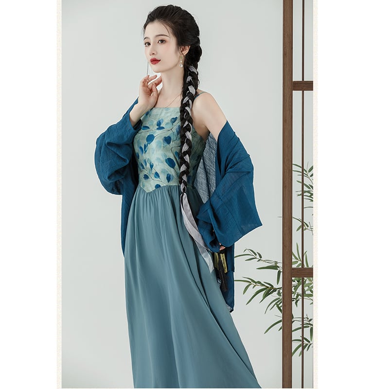 [YIYUN Series] ★Chinese style setup★ 2-piece set Happi coat + hanging dress Chinese clothes Blue Blue