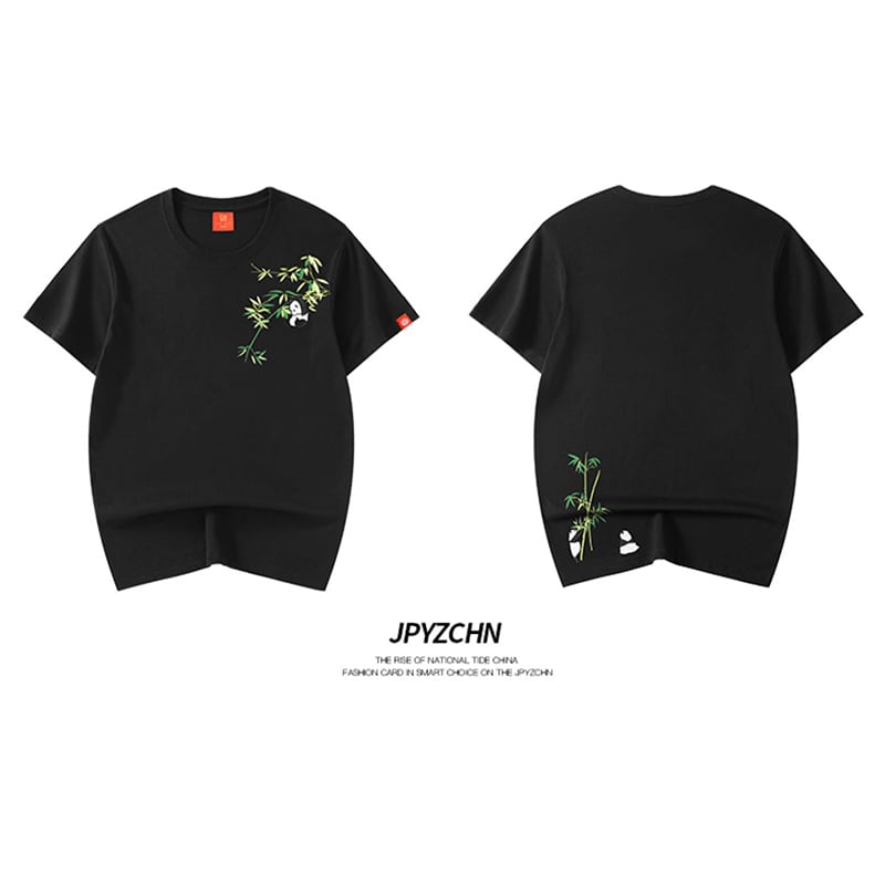 [JPYZ Series]★China style T-shirt★ Tops Unisex Men's Panda Embroidery Black Easy to match