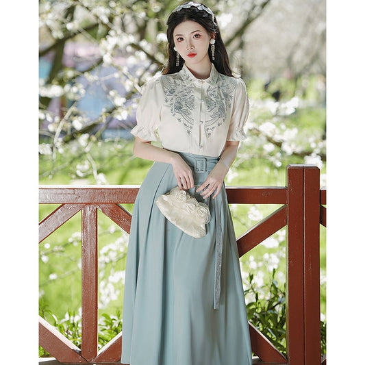 [WUJIA Series]★Chinese style setup, single item order★ Shirt or skirt, short sleeves, embroidery, improves temperament