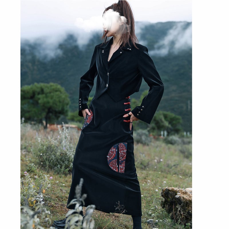 [Big Blue Dragon Series]★China style skirt★ PU skirt Chinese button ethnic style black black slimming wear