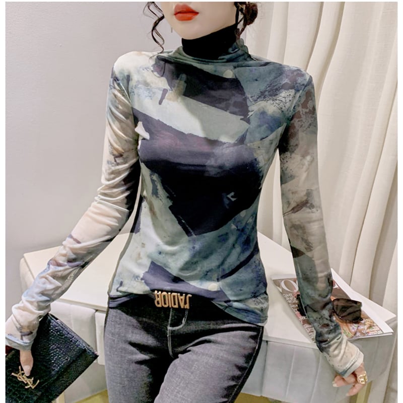 [YINUO Series] ★Tops★ T-shirt Turtleneck Sexy Slimming Ladies Tie-dye