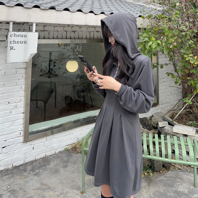 [XIAOCAI Series] ★One Piece★ Parka Dress, Slimming, Large Size, Fashion, Gray, Gray