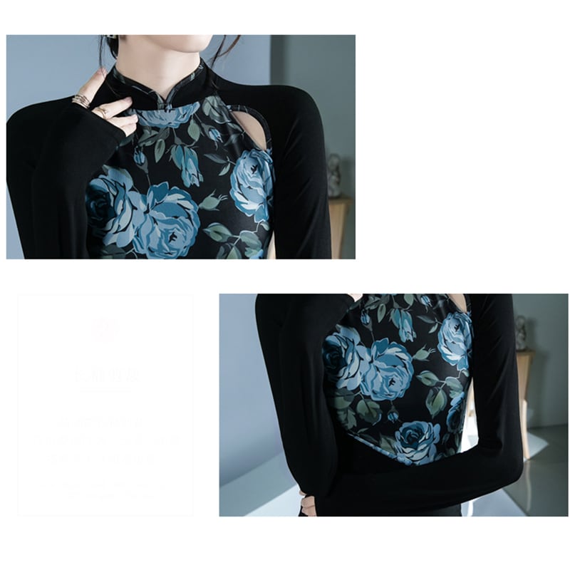 [ZHUOYAN Series]★China style top★ T-shirt, switching, floral pattern, long sleeve, sexy, slim, slimming, easy to match