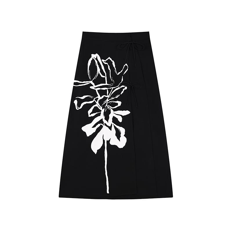 [LHSEN Series]★China style skirt★Bottoms Window skirt Easy to match Black Floral pattern