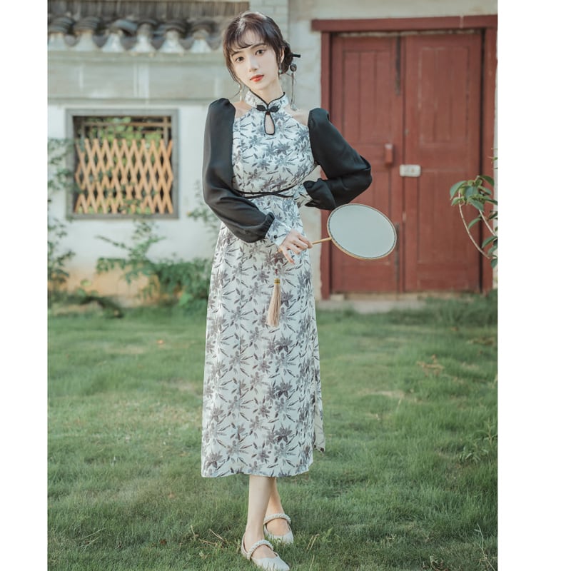 [Only you series] ★China style dress★ Improved cheongsam dress, off-the-shoulder ink pattern, slimming wear, date photo shoot