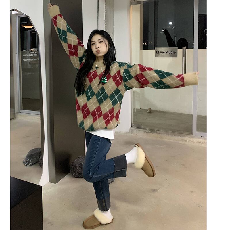 [Tachibana Koju Series] ★Sweater★ 2color knit tops Christmas rhombus cute fashion