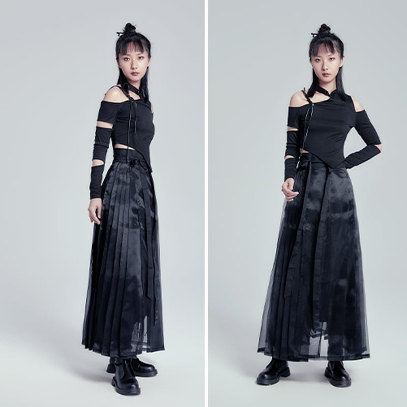 [Cloud-shaped hairpin series] ★China style skirt★ Mamian skirt Plain simple bottoms Black Black SML