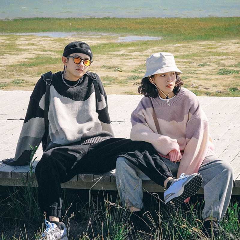 [XIWANG Series]★Sweater★ Tops 3color Unisex Couple Clothes Wave Pattern Knit Casual Loose