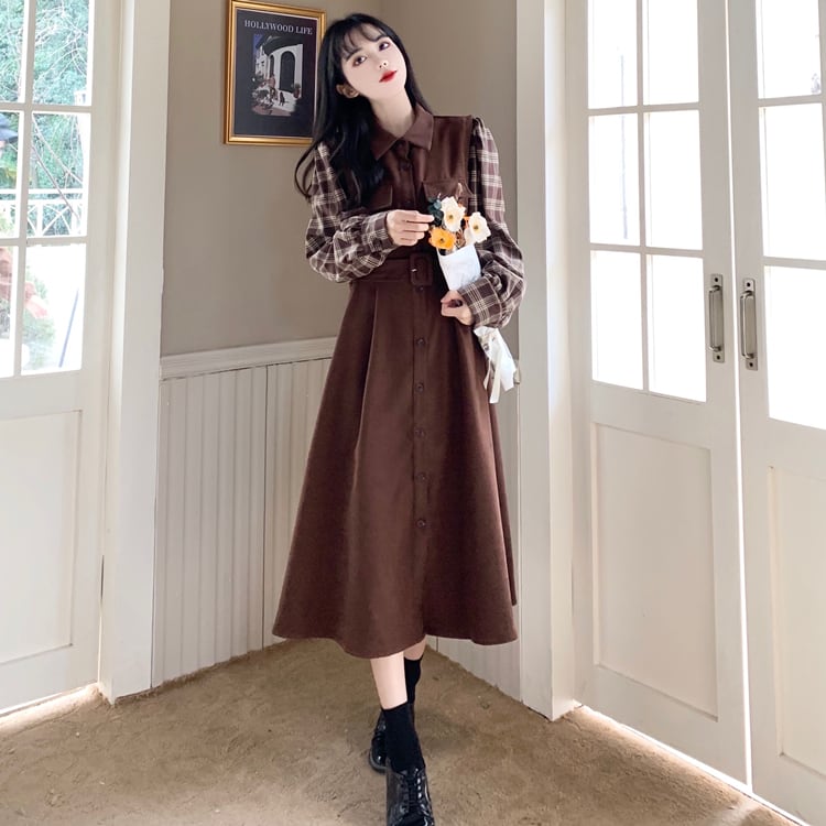 [Dong Xiaojie Series] ★Checked pattern dress★ Large size women's dress Coffee color Commuting Literary style