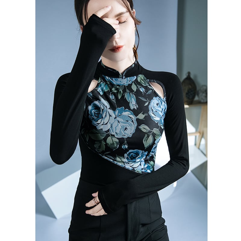 [ZHUOYAN Series]★China style top★ T-shirt, switching, floral pattern, long sleeve, sexy, slim, slimming, easy to match