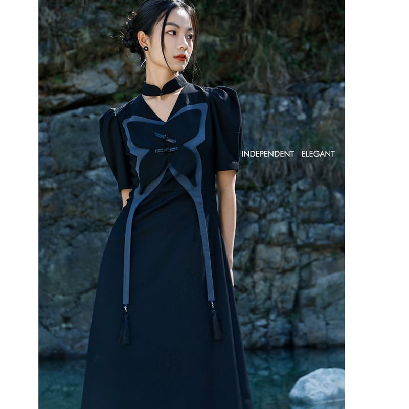 [Big Blue Dragon Series] ★China style dress★ Original butterfly unique design black black long length