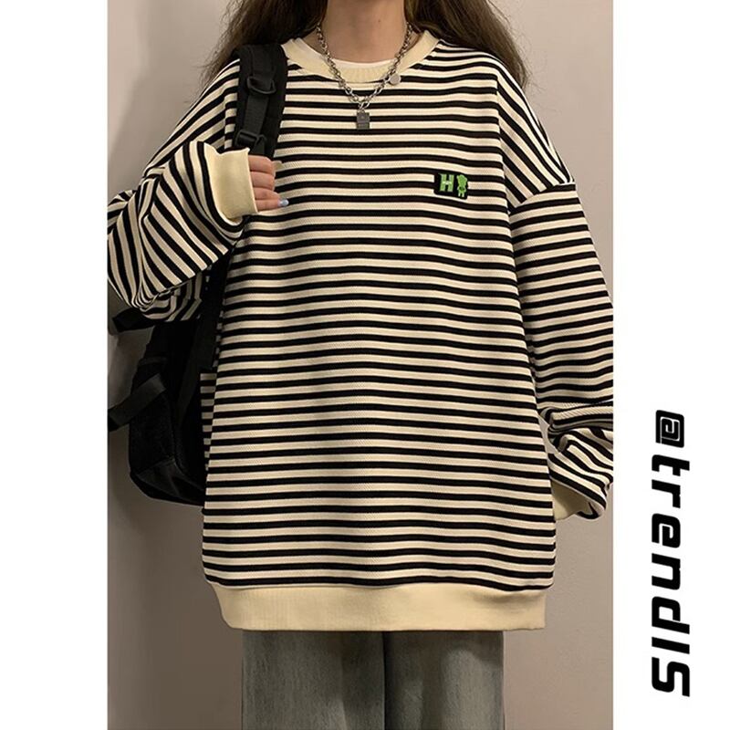 [BIGEMAN Series] ★Tops★ 2color Horizontal striped pattern long sleeve tops Unisex Men's Large size Black Coffee color