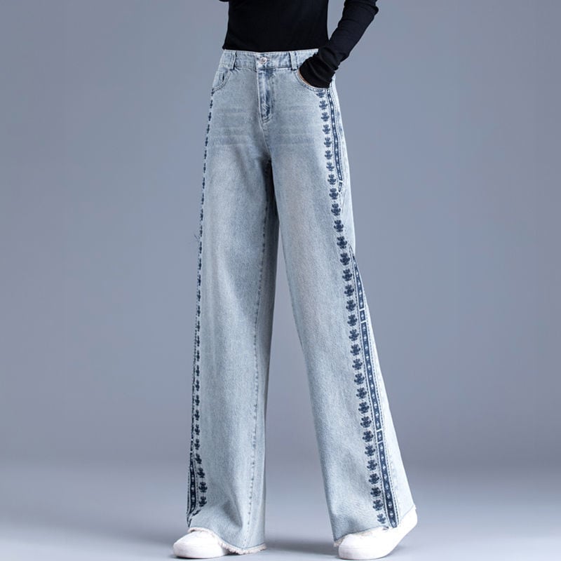 [REHUOJIALI Series] ★Denim Pants★ Embroidery Bottoms Trousers Women's Blue Blue Large Size