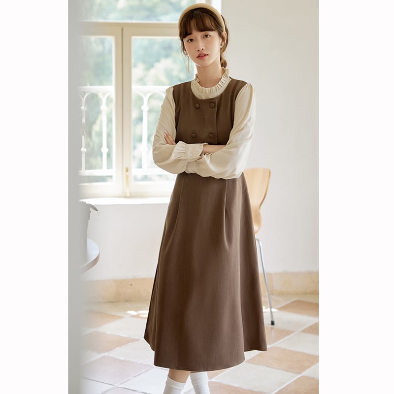 [Shokensho Series] ★One Piece★ Fake Layered Women's Cute Retro Autumn Clothes Coffee Color