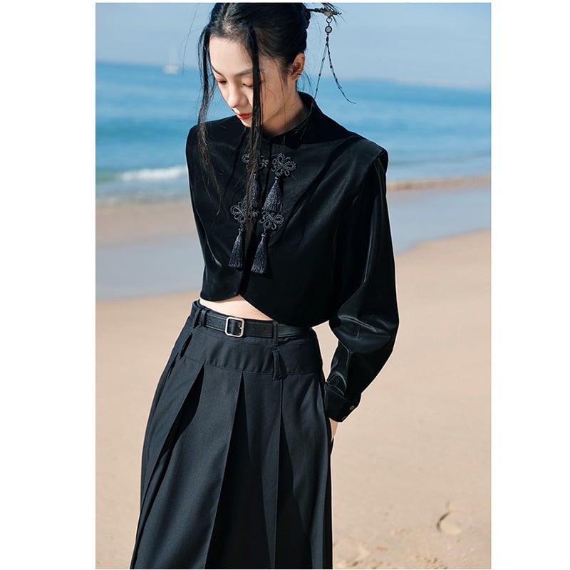 [Big Blue Dragon Series] ★China style outerwear★ Mini length Chinese button Mini length black black Chinese clothing