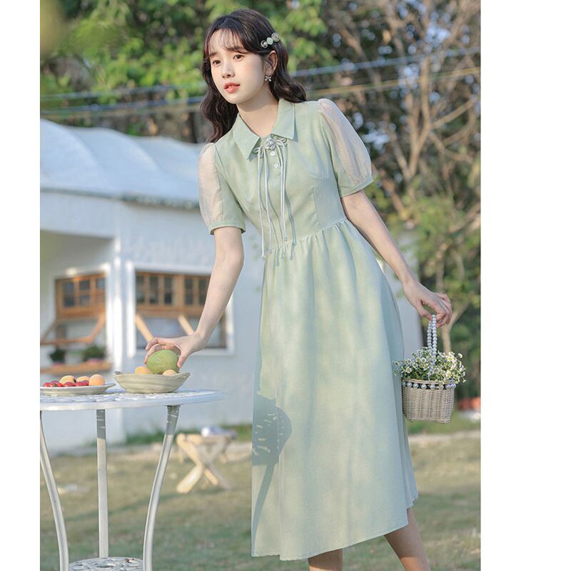 [NANMOSEN Series] ★China style dress★ Short sleeve dress, China button, cute, improves temperament, green