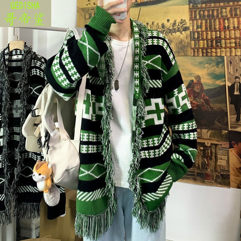 [Gaeteisho Series] ★Cardigan★ 2color Black or Green Sweater Print Unique Fringe Unisex Large Size