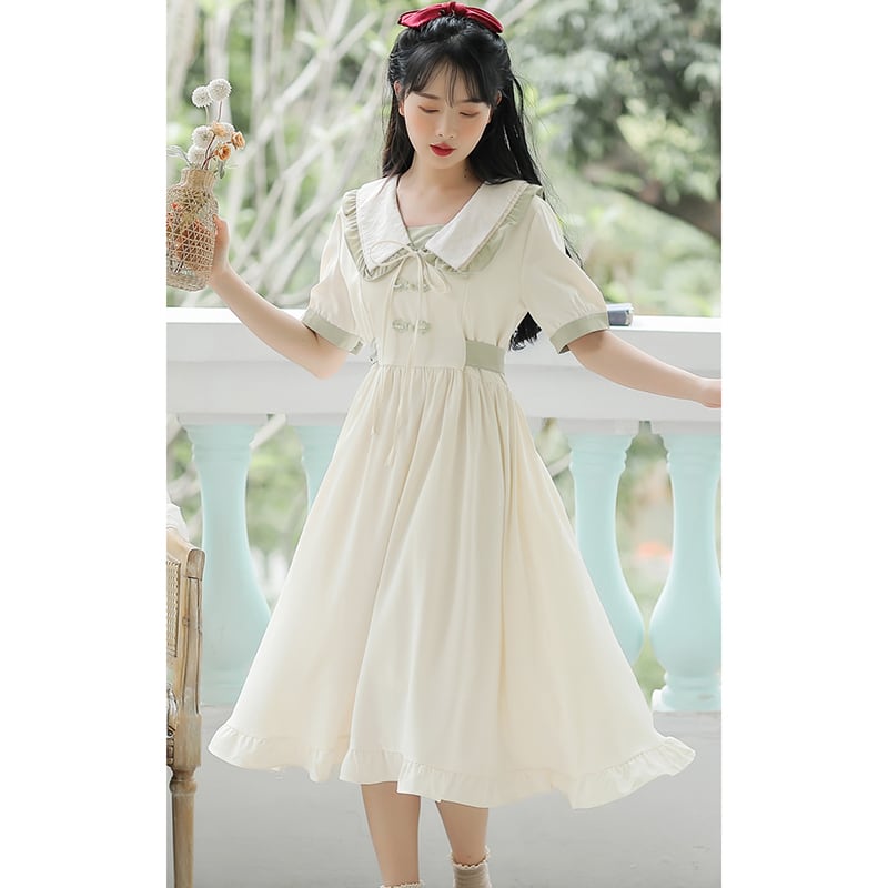 [Large Orange Series] ★China-style dress★ Improved cheongsam dress, summer clothes, cheongsam button, improves temperament, beige