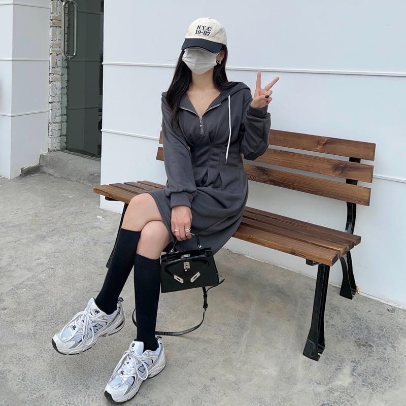 [XIAOCAI Series] ★One Piece★ Parka Dress, Slimming, Large Size, Fashion, Gray, Gray