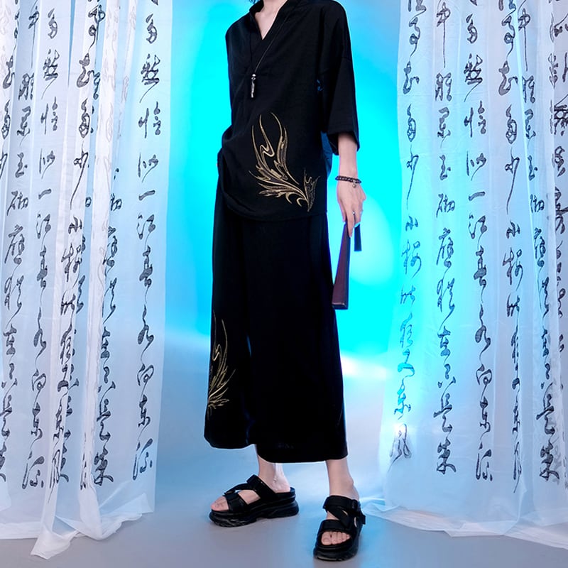 [Kuraho Koya Series] ★China style pants★ Embroidery 2color Gold or Silver Gaucho Pants Gaucho Black Black