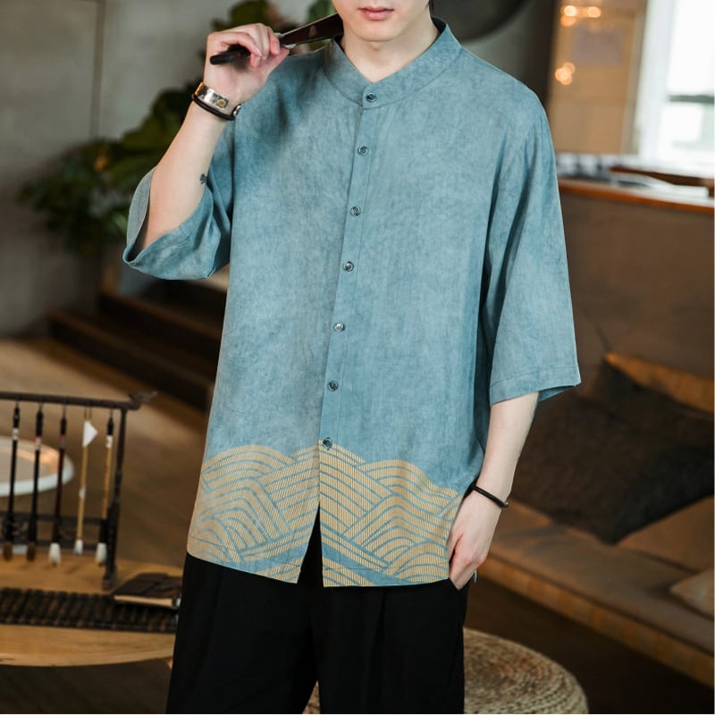 [Blue Qiu Fish Series]★China style shirt★ Large size tops, men's, unisex, summer, old-fashioned, improved Tang suit, blue, blue