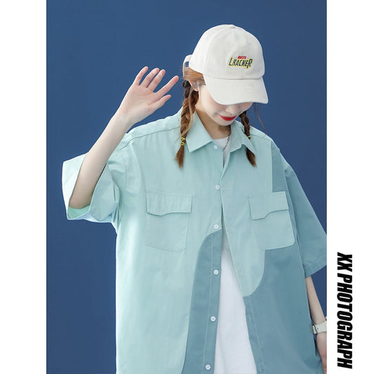 [BIGEMAN Series]★Shirt★ Tops 2color Unisex Men's Large Size Color Scheme Short Sleeve Shirt White Green