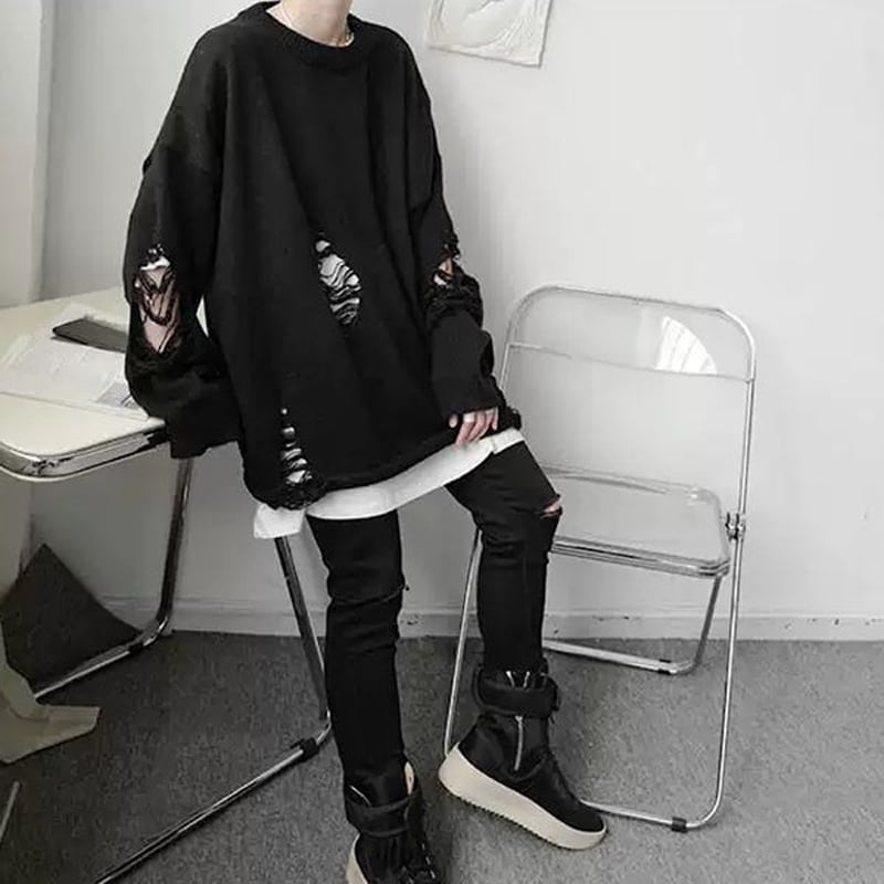 [YUANLAI Series]★Sweater★ 2color black or white knit tops, hole-cutting, unisex, loose, men's fashion