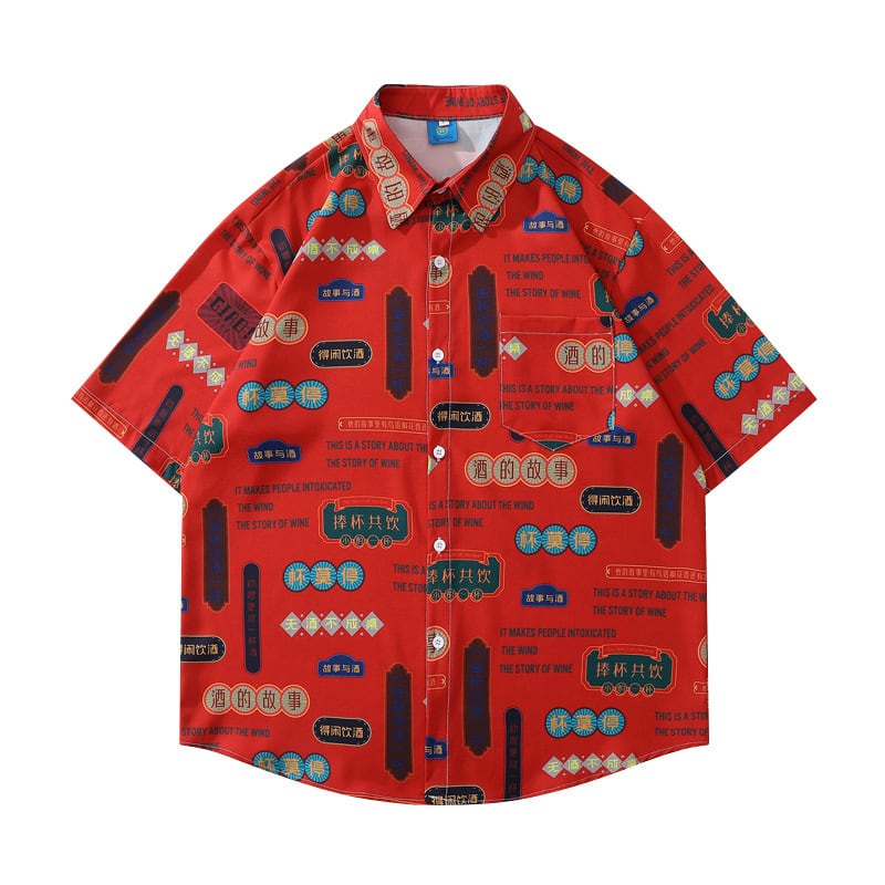 [JINKESEN Series]★Shirt★ 3color Tops Print Letter Pattern Short Sleeve Shirt Unisex Men's Red Blue White