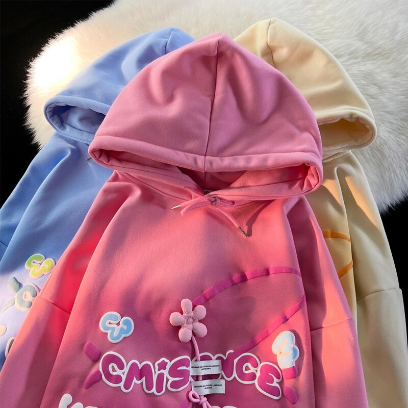 [Suraku Series]★Parker★ 3color Tops Flower Cute Fleece lining Warm Thick SML XL Light Yellow Pink Blue