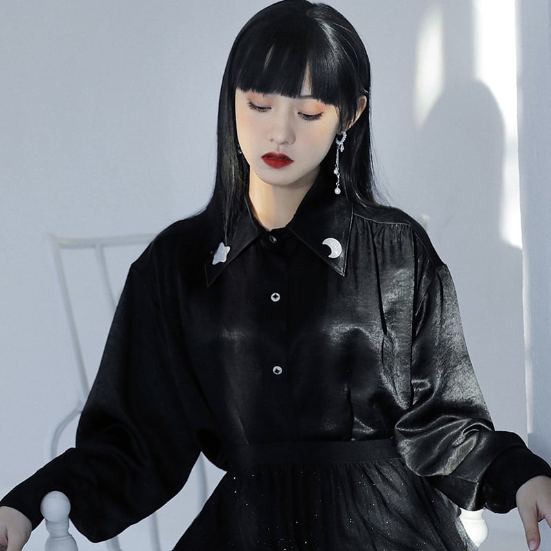 [Ukiyozoku Series]★China-style shirt★ Black Chinese clothes Original SM Loose satin Improves temperament Unique