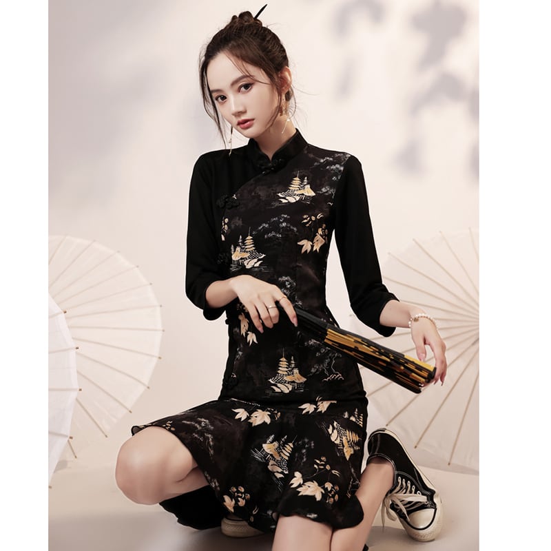 [YUEQIAO Series]★Cheongsam dress★China style dress Mermaid line Temperament enhancement Long sleeve Switchable