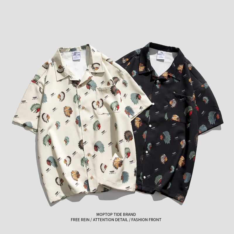 [WH Sensei Series] ★Floral Pattern Shirt★ 2color Tops Unisex Men's Aloha Shirt Summer Clothes Hawaii Beige Black