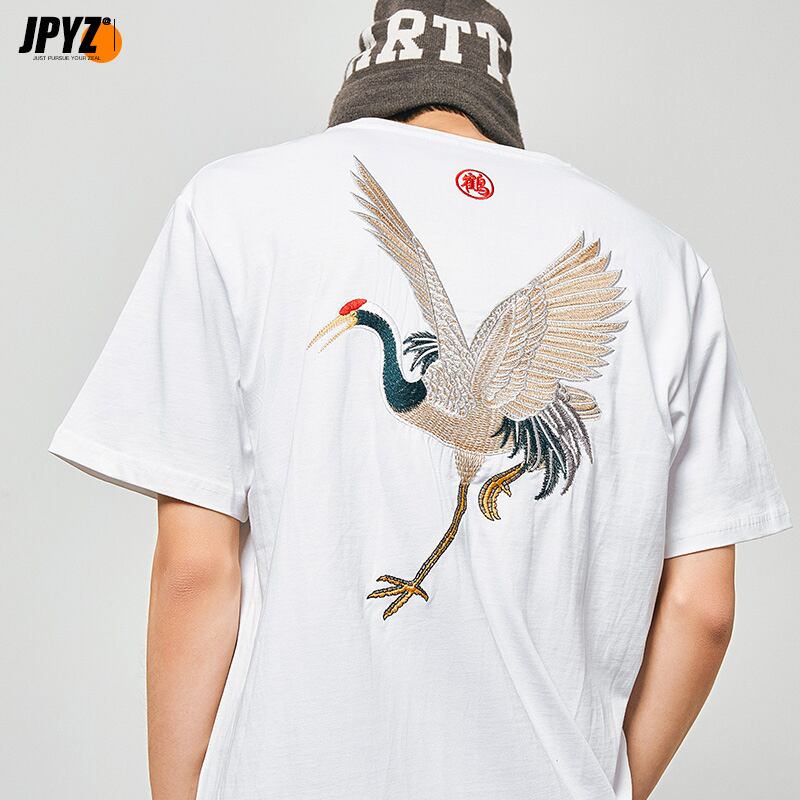 [JPYZ Series]★China style T-shirt★ 2color tops unisex men's crane embroidery black white cotton