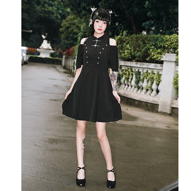 [Kokaisha---Dark Series]★China style dress★ Off-the-shoulder short length slimming original black black SML date